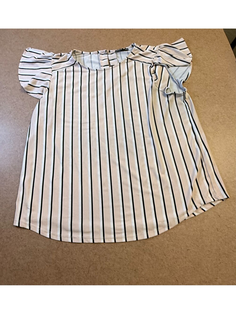 Adrianna Papell XL Black Pink / Black Striped Ruffle Blouse Round Neck